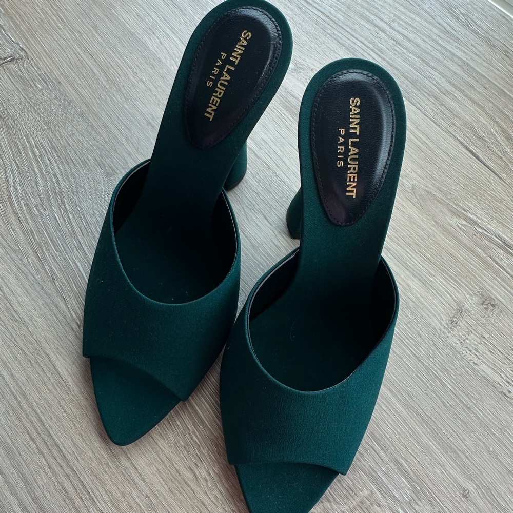 Saint Laurent Dark Green Heeled Mules - NEW IN BOX